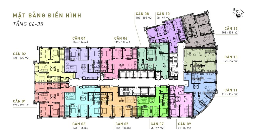 Mặt bằng tầng điển hình Tầng 06 đến Tầng 35 căn hộ chung cư cao cấp King Palace Hà Nội.